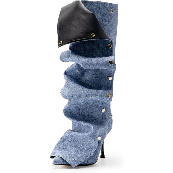 Women's Blue Suede Detachable Snap-off Panel Fold Over Fall Shark Boots - Picture 1 of 7